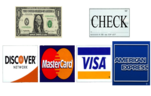 Visa, MasterCard, Amex, Discover, Cash and Check